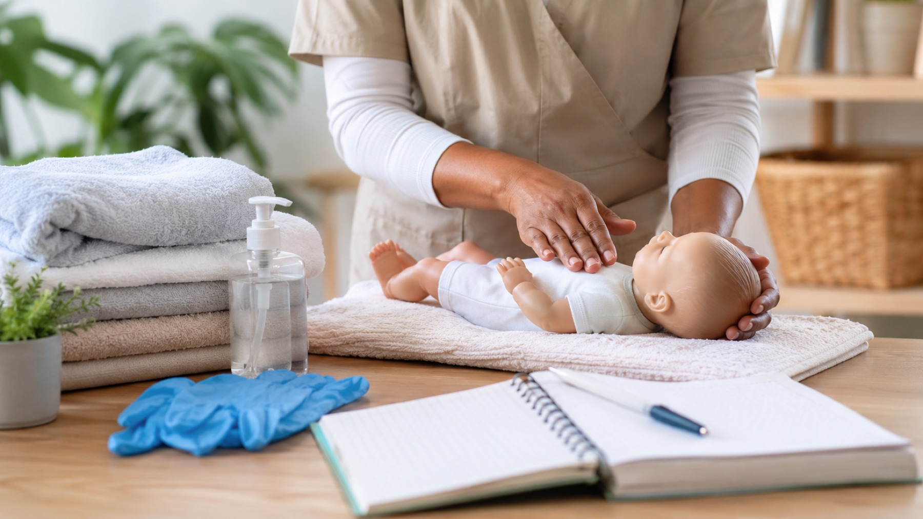 Hands-on care training practice with a simulation doll and safety supplies