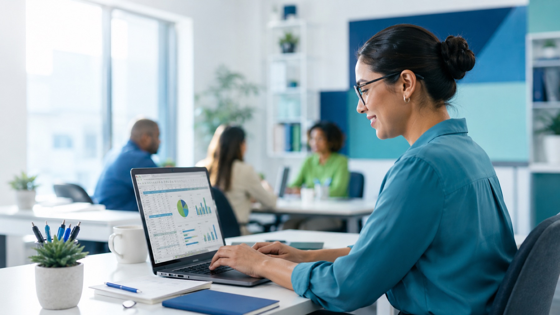 Adult learner working confidently in spreadsheet software in a modern training environment