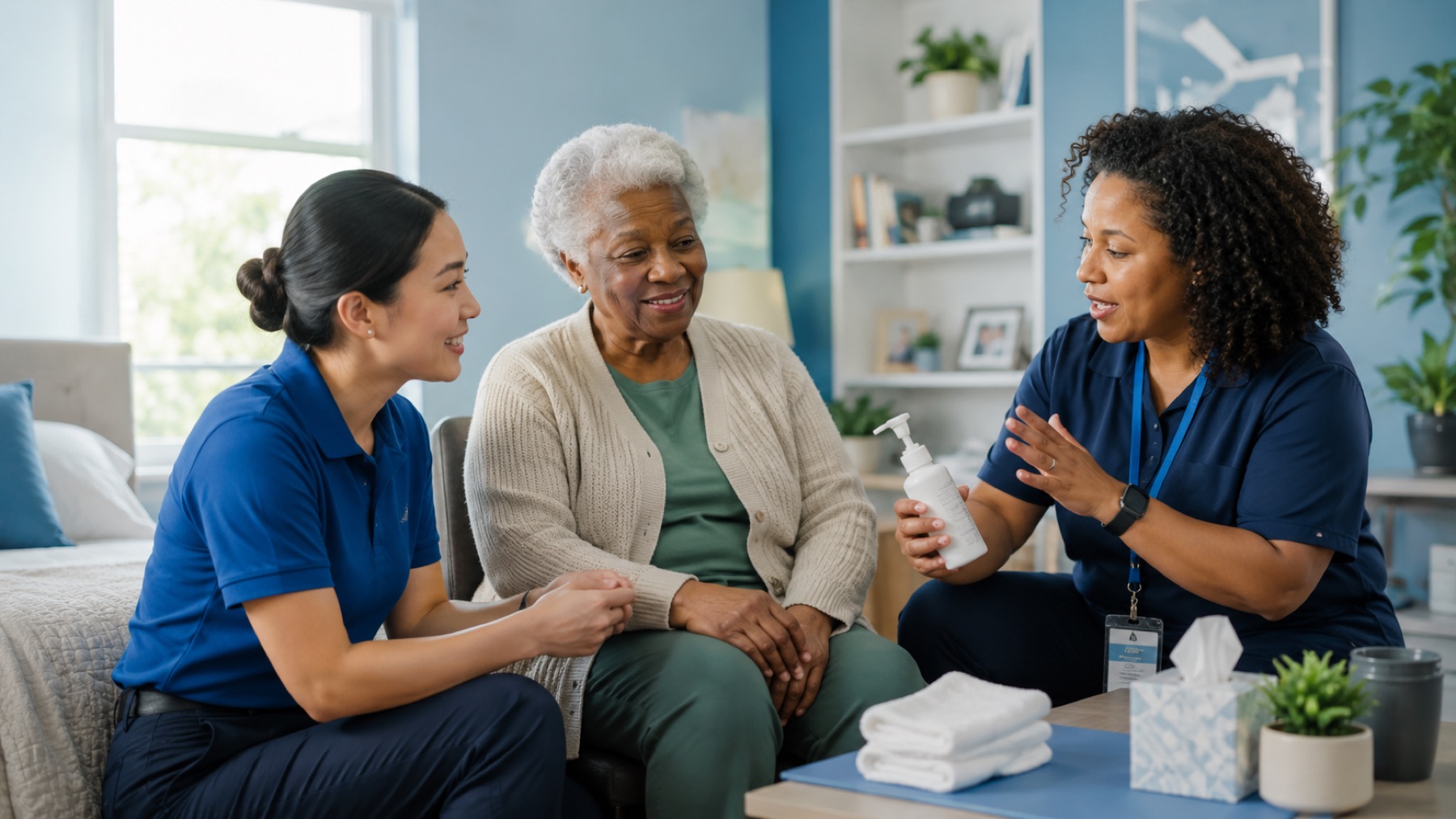 Professional caregiver training session in a bright simulated home environment