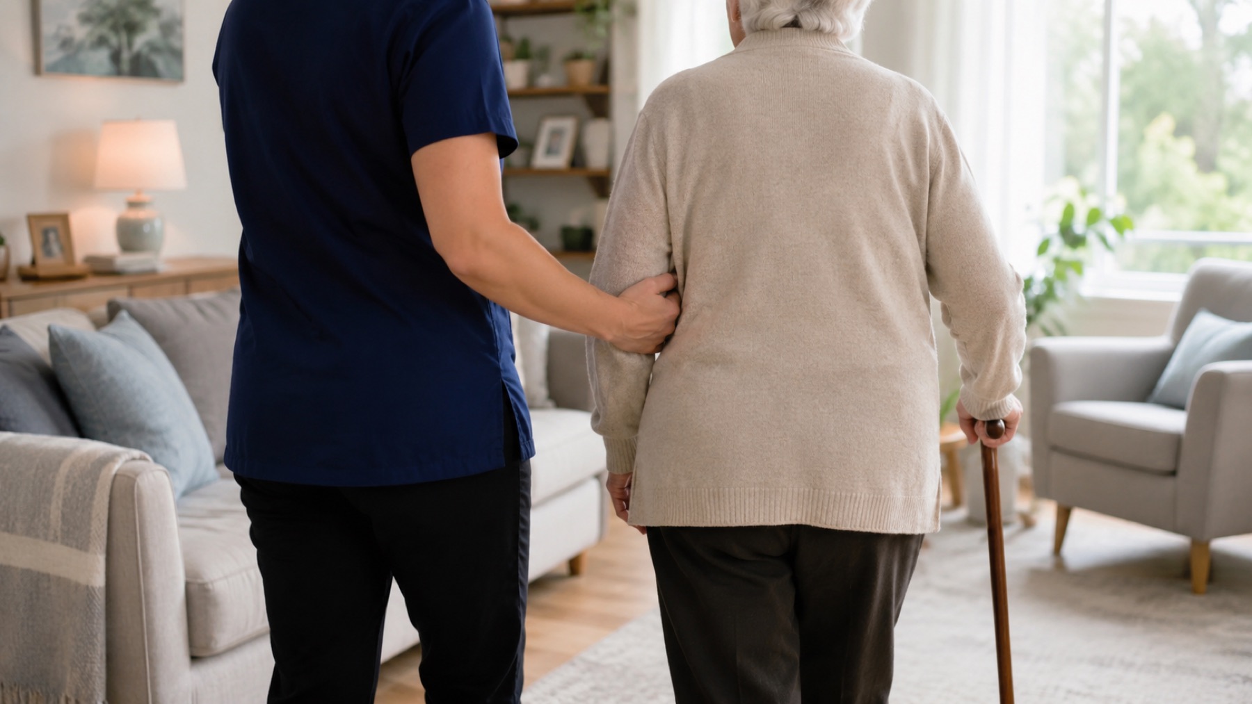 Support worker walking alongside an older adult using a cane at home
